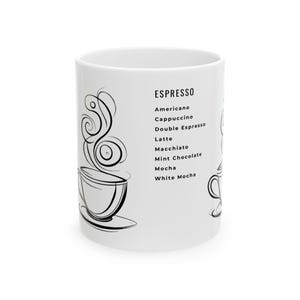 Caneca de café de cerâmica elegante com lista de tipos de café expresso, presente para amantes de café, perfeita para aniversários, datas comemorativas, inauguração de casa, única