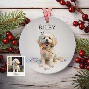 May include: A white ceramic Christmas ornament featuring a photo of a dog named Riley, adorned with colorful string lights. The year 2025 is printed below the dog's image. A red ribbon is attached for hanging.