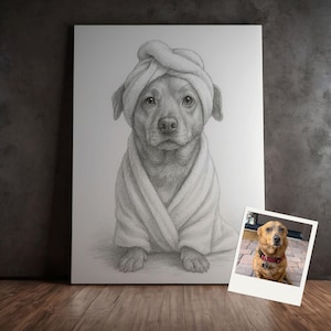 Personalisiertes Haustierporträt in Spa-Robe | Personalisierte Hundekunst vom Foto | Minimalistische Linie Kunst Leinwand | Kunstvolles Hundeliebhaber Geschenk
