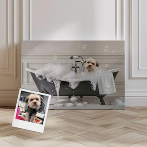 May include: A brown and white dog is sitting in a black bathtub filled with bubbles. The dog is wearing a white towel and the bathtub has a black faucet. The dog is looking at the camera. The image is a digital illustration.