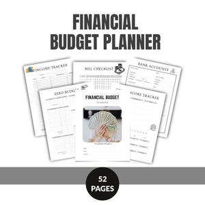 May include: A black and white printable financial budget planner with 52 pages. The planner includes sections for income tracking, bill checklists, bank accounts, zero budgeting, and a score tracker.
