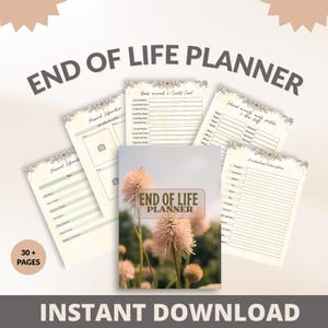 Puede incluir: Un "Planificador del final de la vida" con un diseño de portada floral, rodeado de varias páginas abiertas con secciones para rellenar. El planificador incluye secciones para información personal, cuentas bancarias y otros detalles importantes. Las palabras "Descarga instantánea" están en la parte inferior.