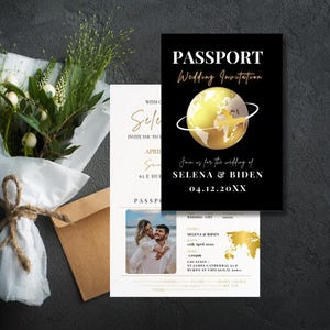 Luxury Gold Black Wedding Passport Invitation, Destination Wedding Portrait, Elegant Wedding Invite, Folded Passport, Wedding Invitation
