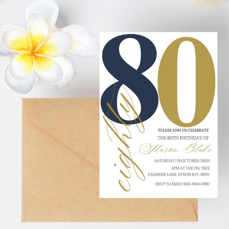 Elegant Eighty Birthday Party Invitation Gold Navy 80th Celebration ...