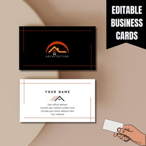 May include: Editable business card template with a black background and a stylized orange house icon. The text "ARCHITECTURE" is below the icon. The second card is white with a black house icon and the text "YOUR NAME". The text "Your office address", "Include your mobile number here", "Include your email address here", and "Your website" are below the icon.
