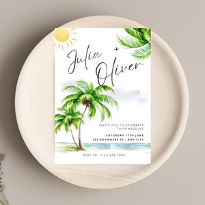 Beach with Palm Trees Invitation, Tropical Wedding Invitation, Tropical Invite , Destination Wedding Invite, Beach Wedding Invite Portrait
