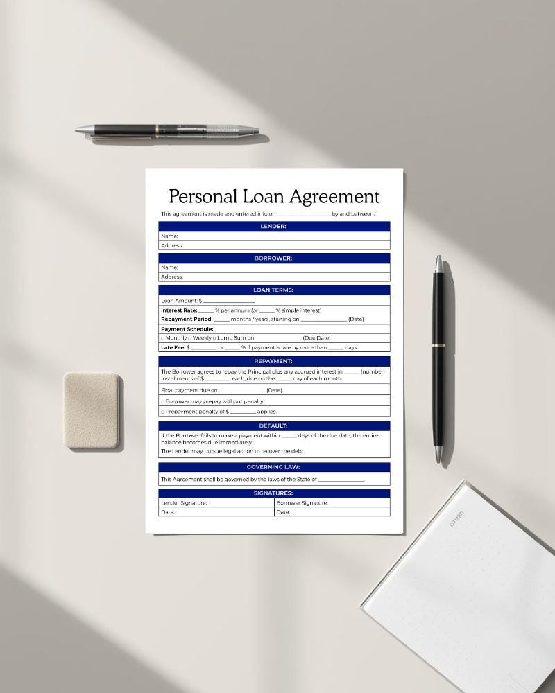 Personal Loan Agreement | Editable Loan Contract Template | Simple ...