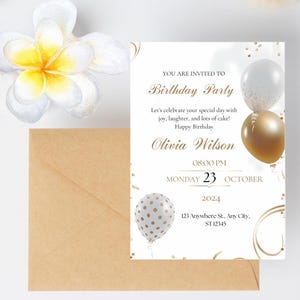 White and Gold Balloon Birthday Invitation, Birthday Celebration Invitation, Party Invite, Elegant Design, Customizable, Card, Birthday Card