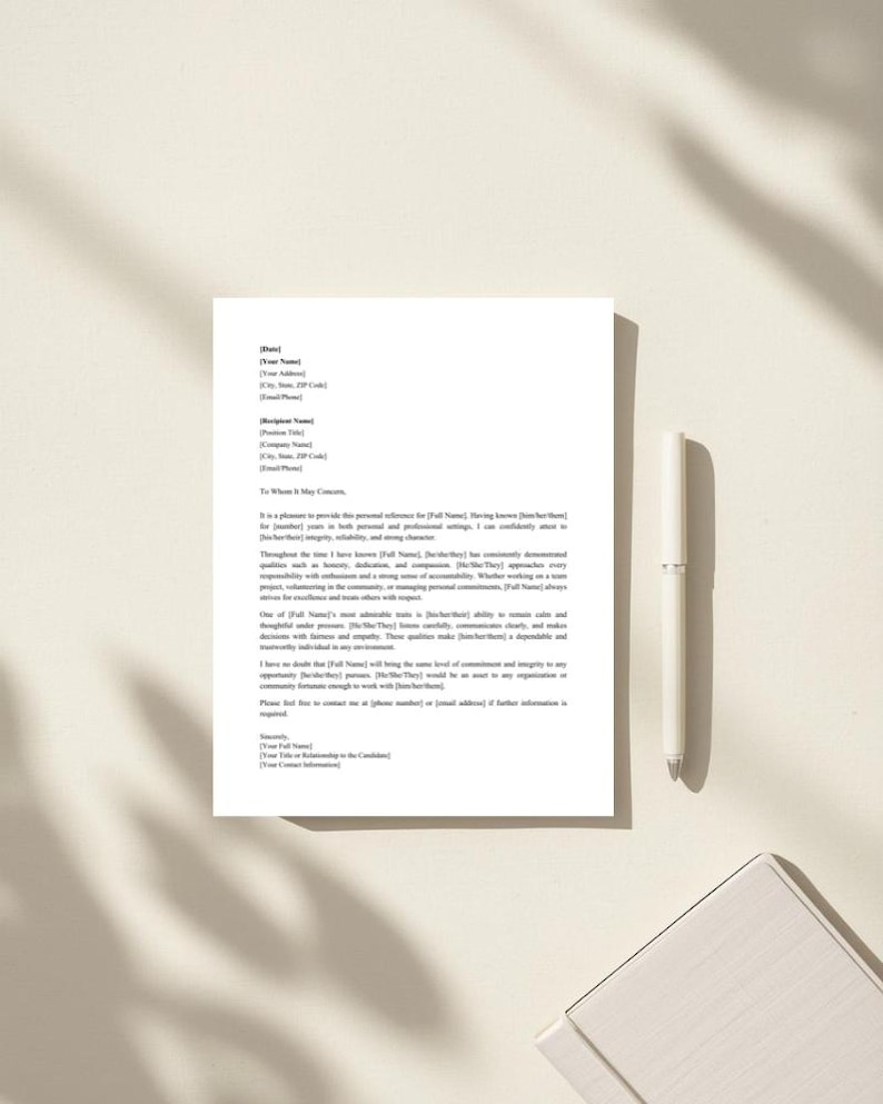 Personal Reference Letter Template | Character Reference Printable ...