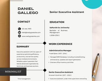 May include: A minimalist resume template with the name Daniel Gallego and contact information. The resume highlights experience as a Senior Executive Assistant, including education and work history. A pen rests on the right side of the document.