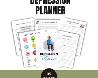 May include: A black and white printable planner with the title "DEPRESSION PLANNER" and the text "35 PAGES". The planner includes sections for tracking feelings, setting goals, and journaling.