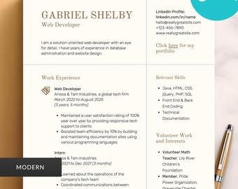 May include: A modern resume template with a clean layout. The resume features the name "GABRIEL SHELBY" and the title "Web Developer." It includes sections for work experience, skills, and volunteer work. The Canva logo is in the upper right corner.