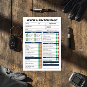 Könnte beinhalten: Ein Fahrzeugprüfbericht mit Checkliste, Autoschlüsseln, einem Stift, Handschuhen und anderen Werkzeugen ist auf einer Holzoberfläche angeordnet. Der Bericht enthält Abschnitte für Bremsen, Reifen und Komponenten unter der Motorhaube.