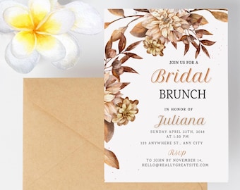 May include: A white invitation with a floral design in shades of brown and beige. The text reads "Join us for a Bridal Brunch in honor of Juliana, Sunday April 22th, 2018 at 1:30 PM, 123 Anywhere St., Any City, RSVP to John by November 14, hello@reallygreatsite.com".