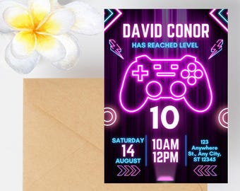 May include: A neon pink and blue video game controller graphic on a dark purple background with the text "DAVID CONOR HAS REACHED LEVEL 10" and the date "SATURDAY 14 AUGUST 10AM 12PM".