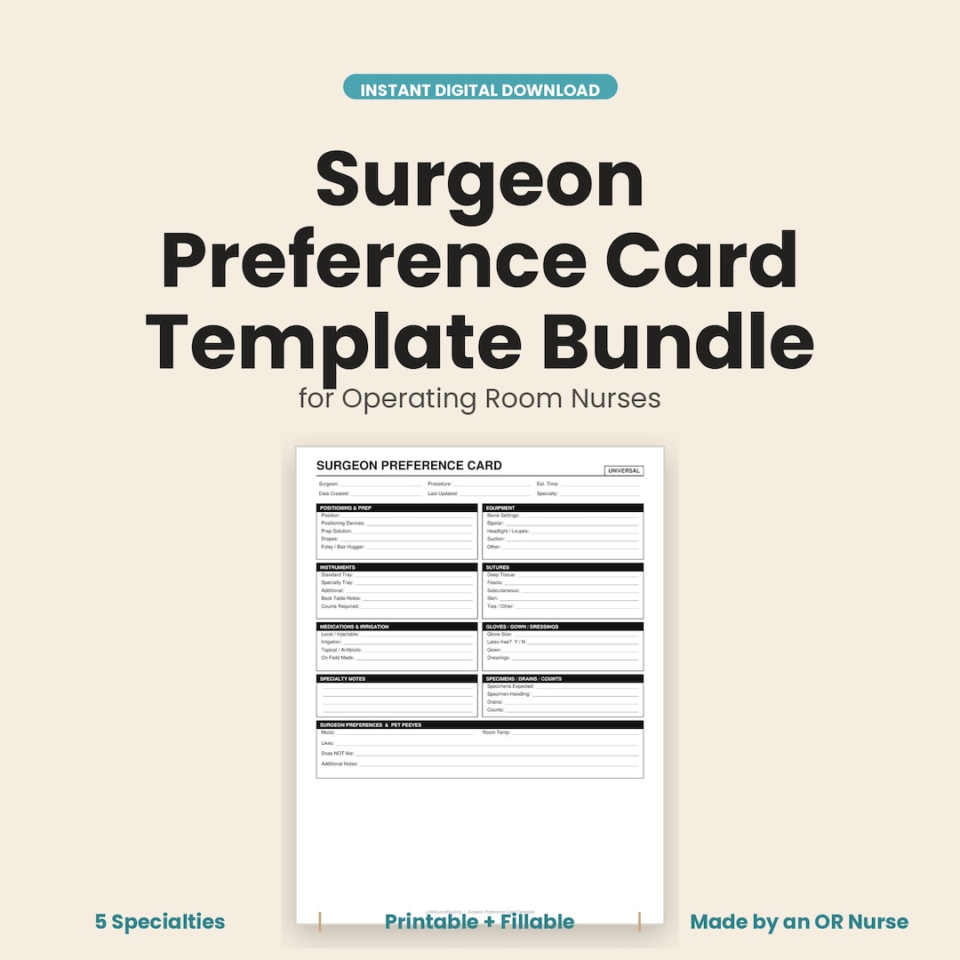 Or Preference Card Examples Surgeon Preference Card Template | OR Nurse Printable & Fillable PDF ...