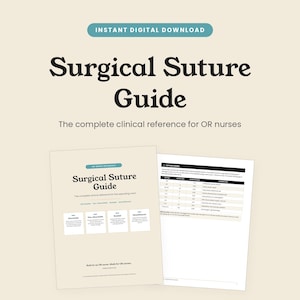 Może przedstawiać: Cyfrowy dokument zatytułowany Surgical Suture Guide, The complete clinical reference for OR nurses. Zawiera stronę tytułową z sekcjami dotyczącymi szwów wchłanialnych, niewchłanialnych, plecionych i monofilamentowych oraz tabelę rozmiarów.