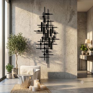 Mid-Century Modern Metal Wall Art — Large Abstract Geometric Steel Sculpture, Statement Wall Hanging For Living Room Or Hallway Accent