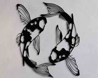 Arte mural de metal con pez koi: diseño Feng Shui Yin Yang, colgante de pared japonés moderno, gran decoración abstracta de metal para sala de estar y entrada.