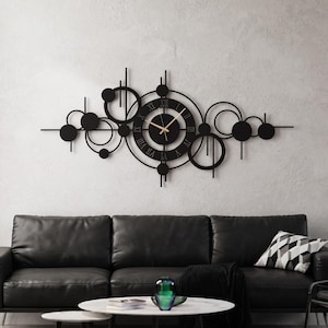 Große Metallwanduhr, Mid-Century-Modern-Kunstuhr, abstrakte geometrische Wanddekoration, luxuriöse Wohnzimmer-Hängeuhr über dem Sofa, geräuschlose Uhr