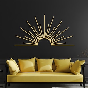 Arte de pared de metal con forma de sol: escultura de sol minimalista moderna, arte lineal de metal 3D, decoración costera y bohemia, regalo para amantes de la playa.