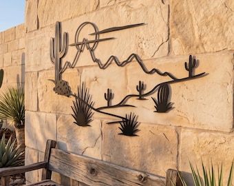 Large Metal Desert Wall Art, Saguaro Cactus Metal Wall Decor, Southwestern Landscape Silhouette, Minimalist Mountain Sign, Housewarming Gift
