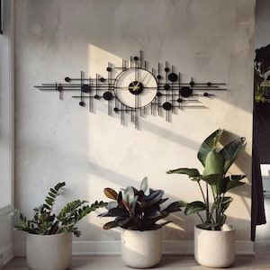 Geometric Metal Wall Clock, Large Black Modern Wall Art Clock, Contemporary Minimal Line Clock for Livingroom Decor
