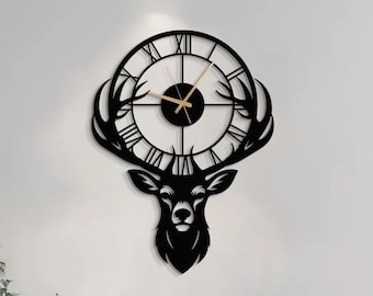 Rustic Deer Metal Wall Clock, Farmhouse Lodge Statement Timepiece, Large Silent Wall Decor For Living Room Or Cabin Accent
