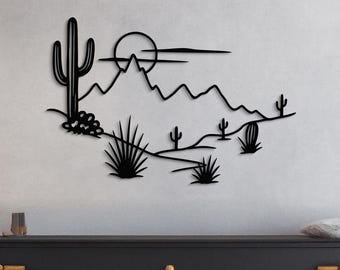 Cactus Metal Wall Art, Desert Mountain Wall Decor, Western Metal Landscape, Rustic Modern Wall Art, Desert Scene Metal Decor, Home Decor