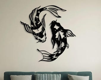 Arte de pared de metal de pez Yin Yang Koi, decoración Feng Shui