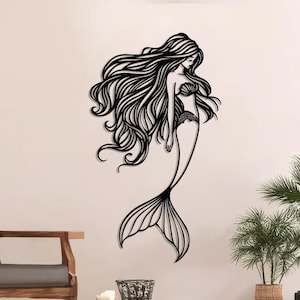 Mermaid Metal Wall Art – Nautical Ocean Decor for Living Room, Boho Coastal Wall Hanging, Elegant Mermaid Metal Art, Large Wall Hanging Gift