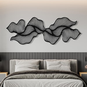 Arte minimalista de metal negro con líneas onduladas, escultura mural abstracta, adorno de pared moderno de acero, decoración de pared de metal grande para sala de estar o recibidor.
