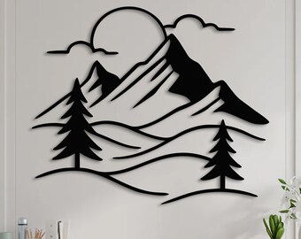 Arte murale in metallo raffigurante montagne, decorazione murale moderna ispirata alla natura, paesaggio in metallo nero, scena di montagna minimalista, arte murale per il soggiorno, arredamento contemporaneo