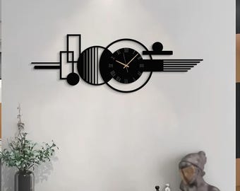 Extra grote zwarte metalen wandklok, moderne grote wandklok, minimalistisch luxe metalen wanddecor, stille grote klok, eigentijds uurwerk
