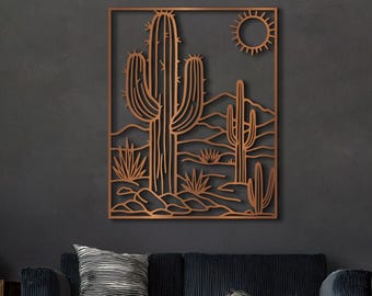 Desert Cactus Metal Wall Art, Southwestern Landscape Cactus Wall Decor, Modern Nature Metal Wall Hanging, Minimalist Black Metal Wall Art