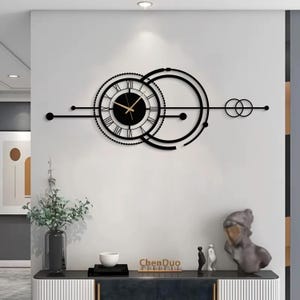 Moderne Metall Wanduhr groß, geometrische schwarze Wanduhr, minimalistisches Luxus Wanddekor, zeitgenössische Wohnzimmeruhr, übergroße Wanduhr