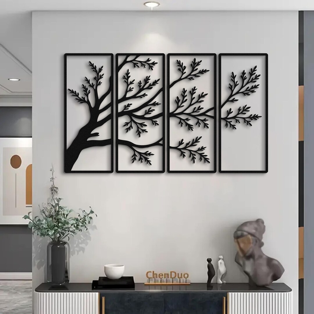 4 Panel Tree Branch Metal Wall Art, Modern Nature Inspired Wall Decor ...