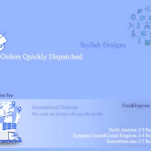May include: Light blue graphic with text that reads "Orders Quickly Dispatched", "Stylish Designs", "No Customs Fee", "International Delivery", and "Free&Express Shipping". The image also includes icons of a box, a globe, and a truck.