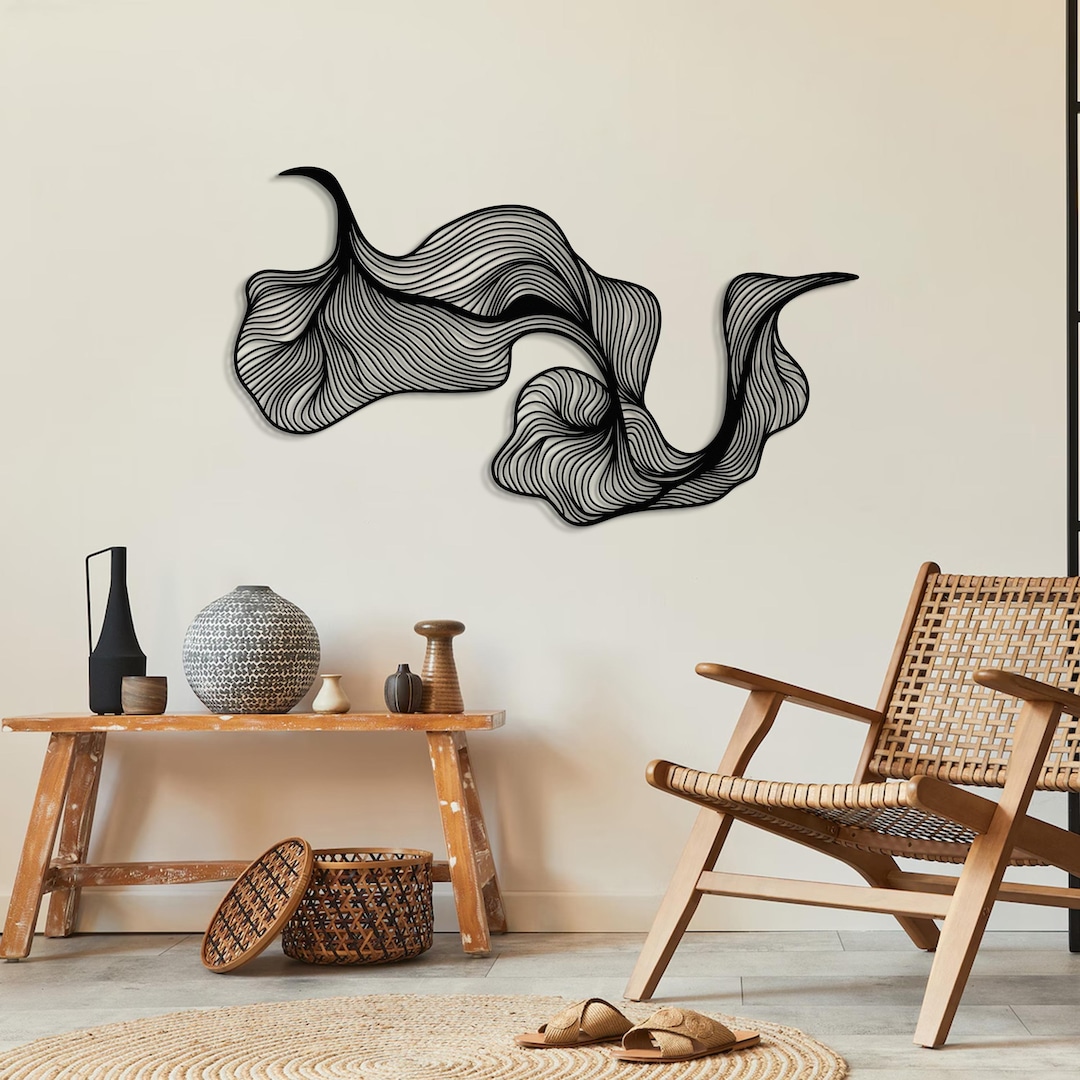Minimalist Black Metal Line Art, Abstract Wavy Wall Sculpture, Modern ...