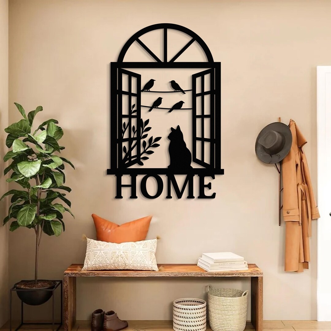 Modern Cat in Window Metal Wall Art — Minimalist Feline Silhouette for ...