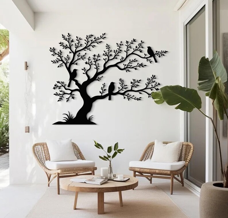 Black Metal Bird Tree Wall Art — Modern Birds on Branch Sculpture ...