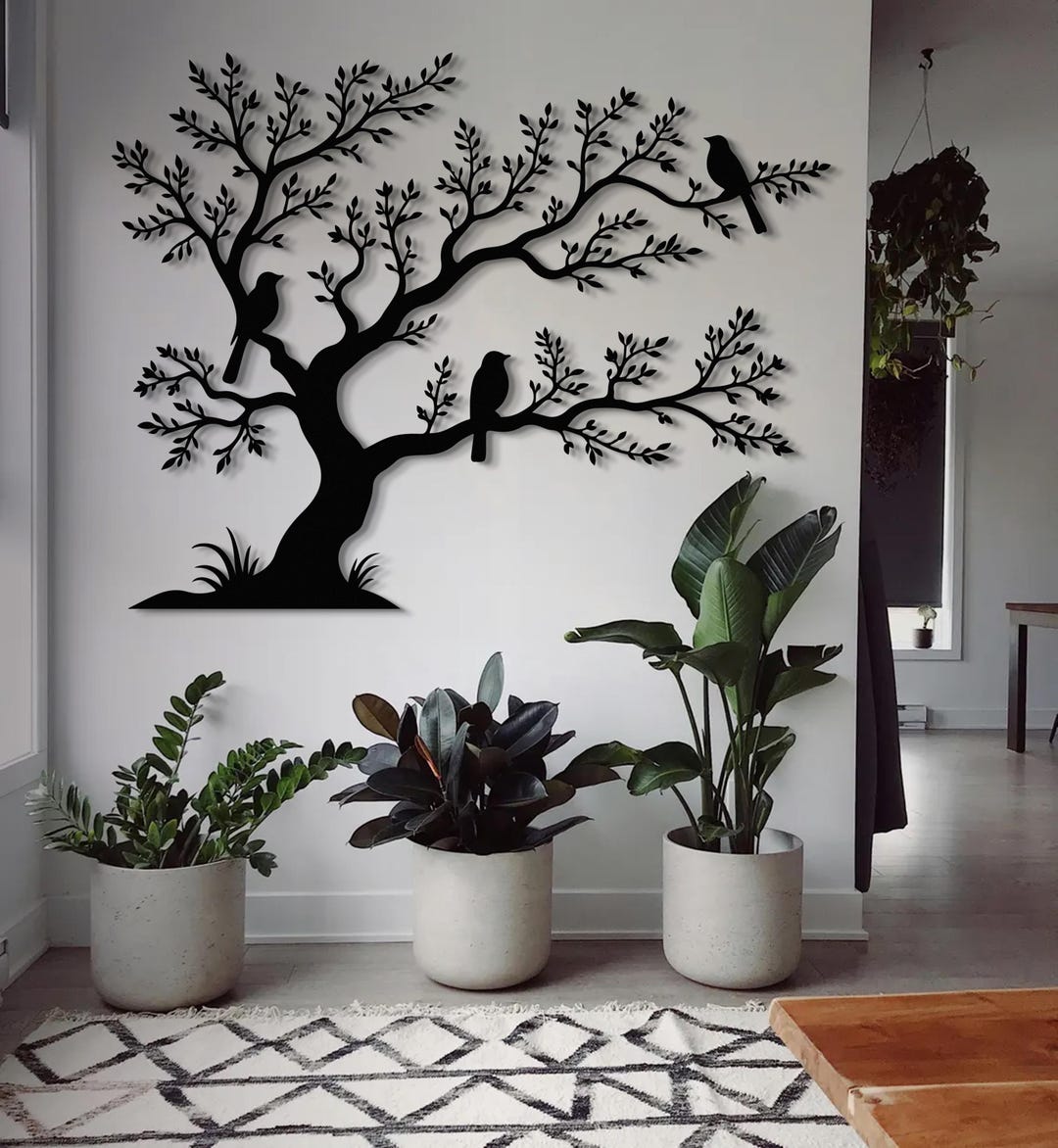Black Metal Bird Tree Wall Art — Modern Birds on Branch Sculpture ...