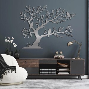 Black Metal Bird Tree Wall Art — Modern Birds on Branch Sculpture ...
