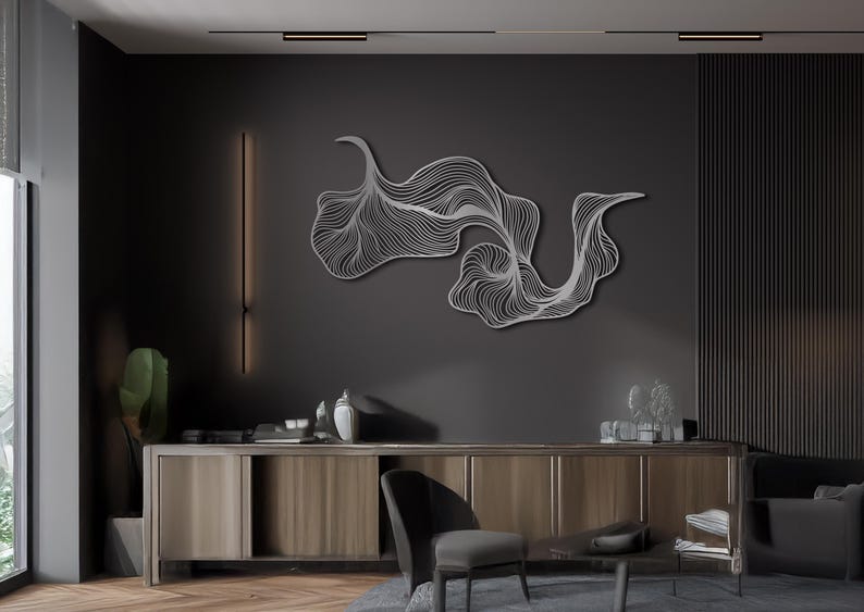 Minimalist Black Metal Line Art, Abstract Wavy Wall Sculpture, Modern ...