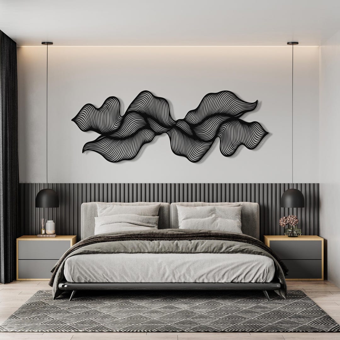 Minimalist Black Metal Line Art, Abstract Wavy Wall Sculpture, Modern ...