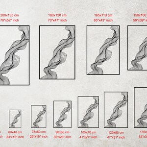 May include: Abstract black and white wall art prints in various sizes, including 78x52 inch (200x133 cm) and 17x11 inch (45x30 cm). Each print features a flowing, wavy design. The prints are rectangular and framed.