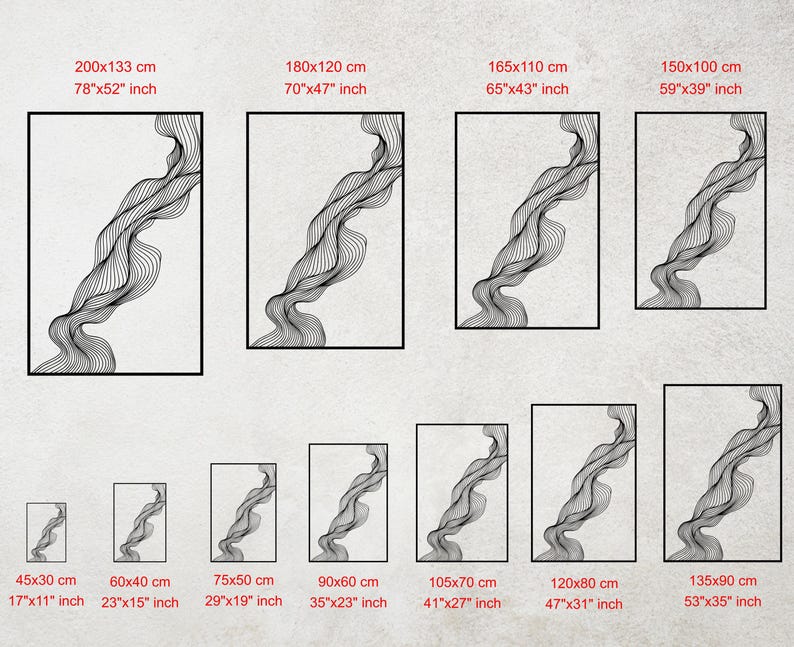 May include: Abstract black and white wall art prints in various sizes, including 78x52 inch (200x133 cm) and 17x11 inch (45x30 cm). Each print features a flowing, wavy design. The prints are rectangular and framed.