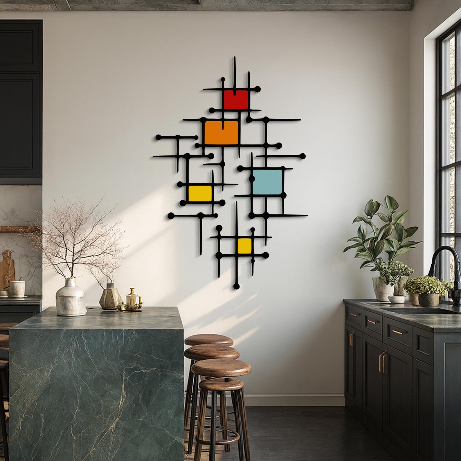Modern Abstract Metal Wall Art With Colorful Geometric Shapes, Mid ...