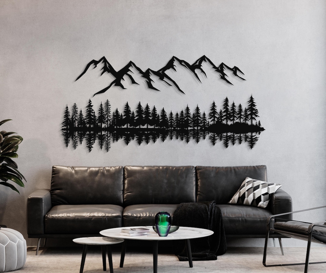 Mountain Forest Metal Wall Art, Rustic Landscape Steel Sculpture, Large ...