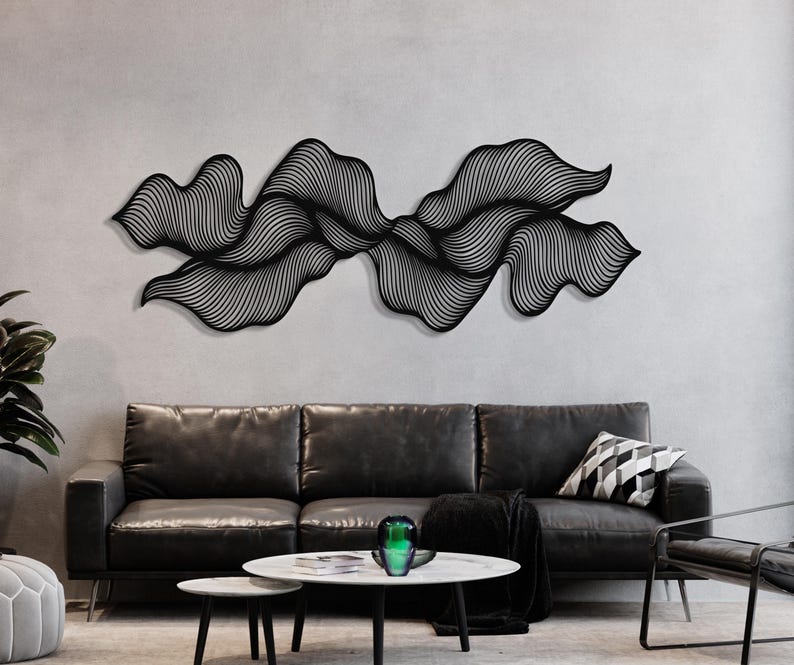 Minimalist Black Metal Line Art, Abstract Wavy Wall Sculpture, Modern ...